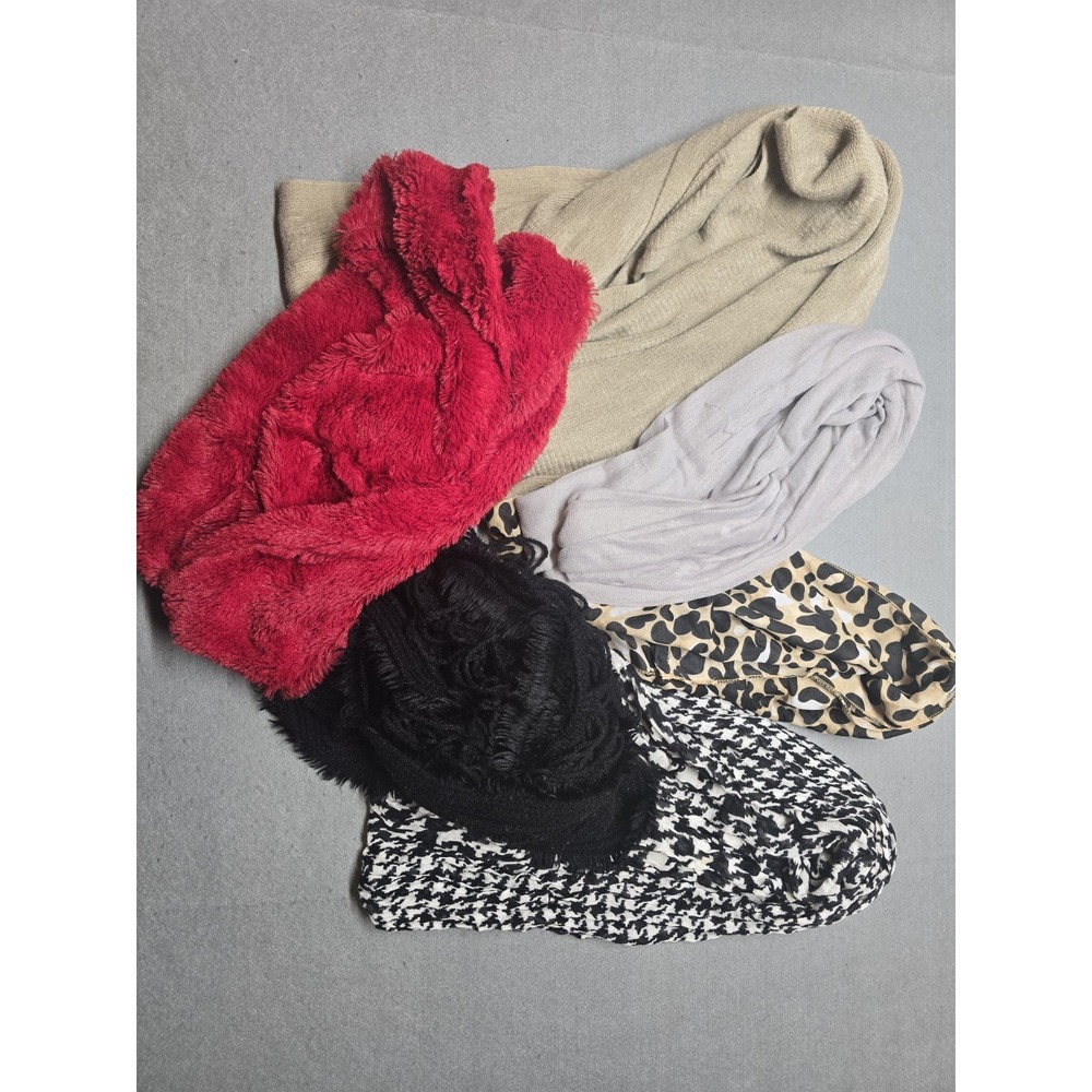 Lot of 6 Infinity Scarves Red Faux Fur Khaki Knit Houndstooth Leopard Print